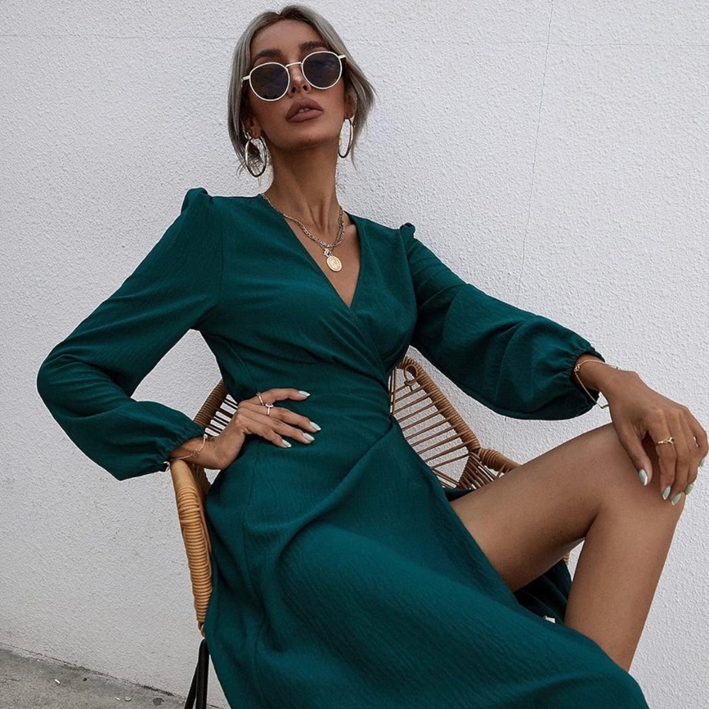 Shein Women's Long Sleeve V Neck A Line Wrap Knot Side Midi Dress Dark Green S